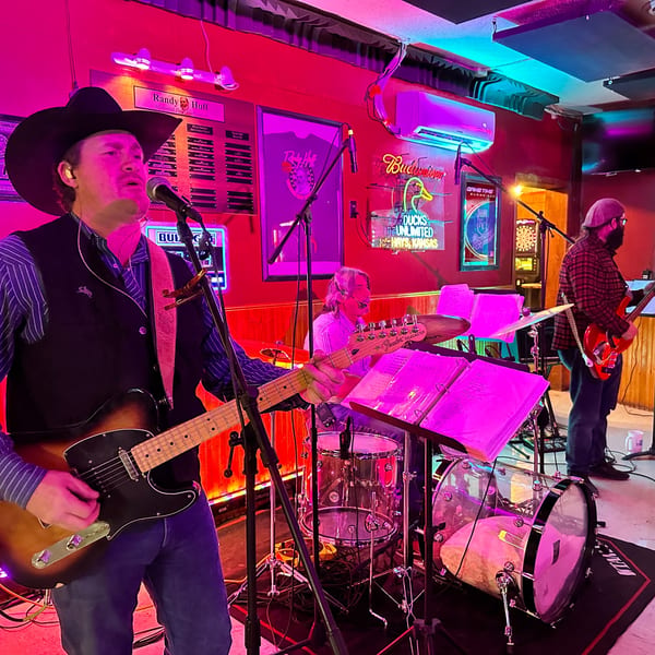 A band performs live at The Horseshoe Bar & Grill, with a singer playing guitar under neon lights.